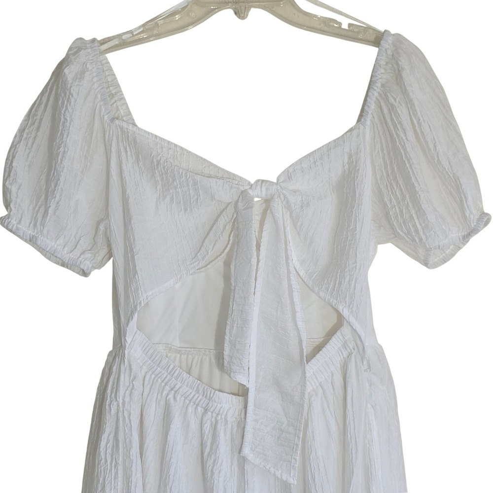 Jessica Simpson Tiered Midi Dress Womens M White Puff Sleeve Cutout Tie EUC - Picture 7 of 8